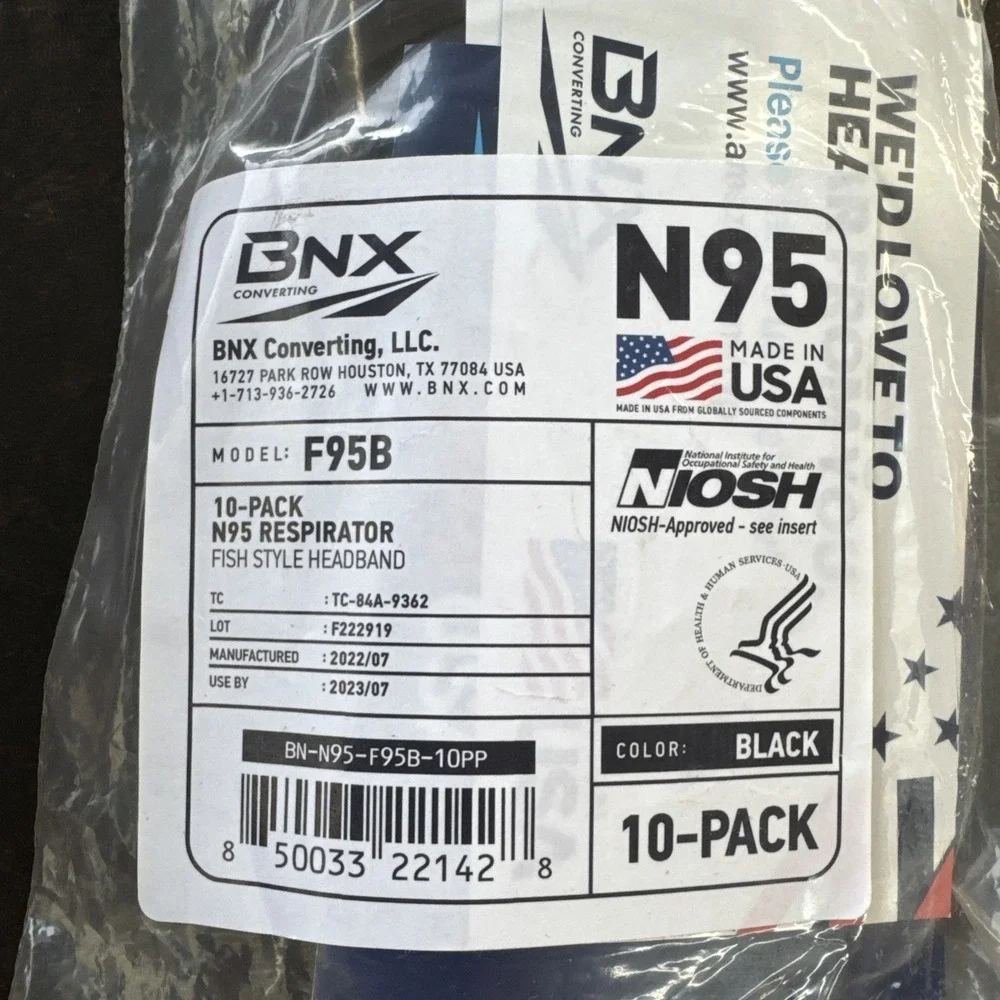 BNX N95 Mask Black NIOSH Certified MADE IN USA 1 Count (Pack of‎ 10),